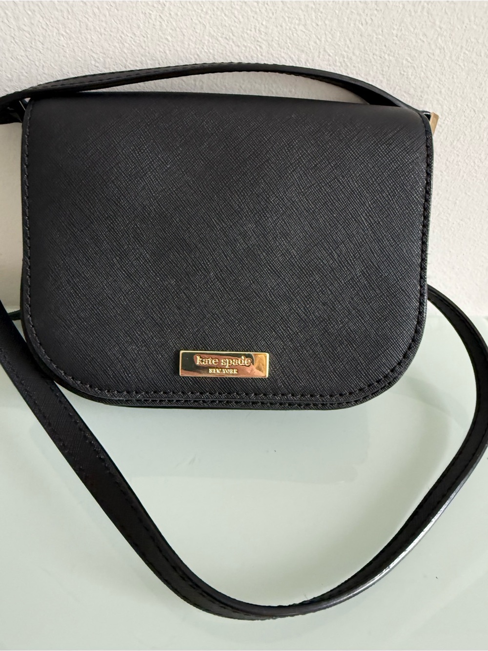 kate spade Black Saffiano Crossbody with Gold Plaque